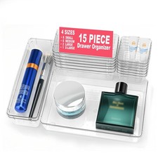 15 Piece Clear Plastic Drawer Organizers Set - 4 Sizes Bathroom Dresser Storag