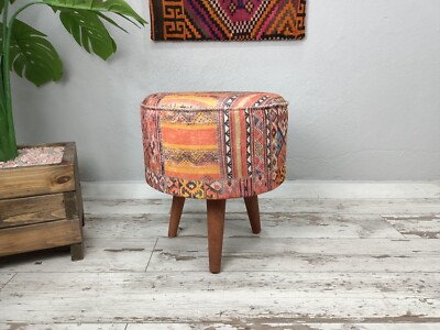 Handmade Ottoman Pouf Round Tufted Art Deco Footstool Bench Orange