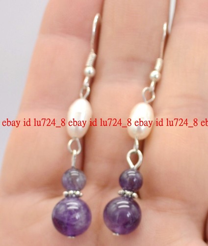 Natural White Rice Pearl &Amethyst Round Gems Beads Silver Hook Dangle Earrings - Picture 2 of 12