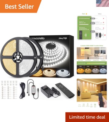 Dimmable 79ft LED Tape Light with RF Remote - 3000K-6500K Adjustable Brightness