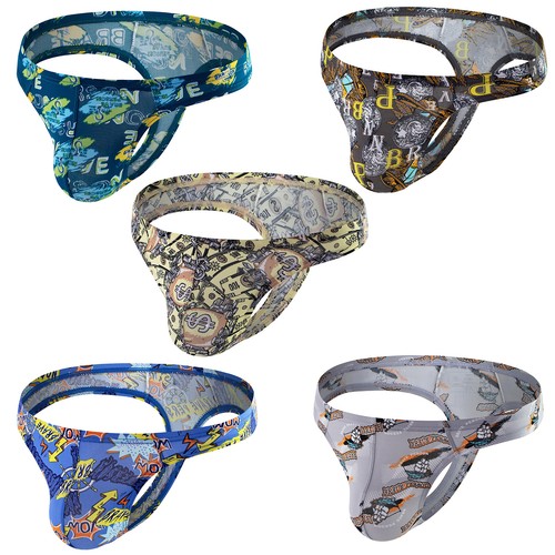 Men's Sexy Printed Thongs Underwear Breathable Pouch T-back Underpants S M L XL - Picture 2 of 67