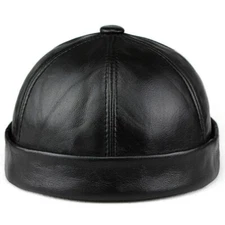 Men Women Skullcap Sailor Cap Hat Beanie Leather Rolled Cuff Retro Brimless