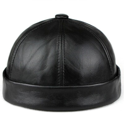Men Women Leather Skullcap Sailor Cap Hat Beanie Rolled Cuff