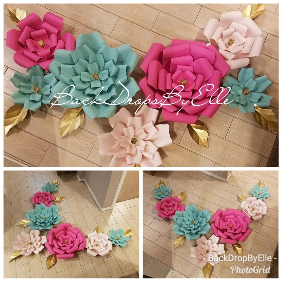 Juego de 7 flores de papel grandes para decoración de pared con telón de fondo Foto 4 de 4