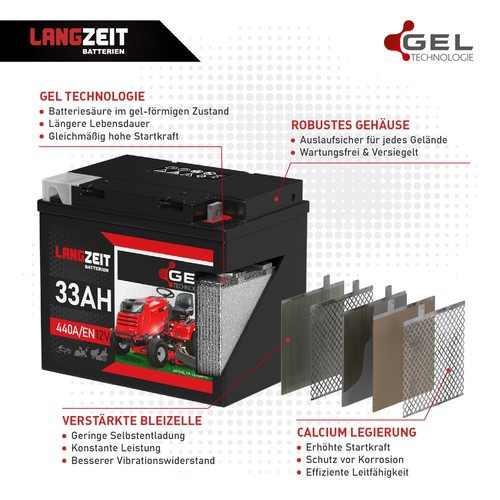 Langzeit Rasentraktor Batterie 33Ah 12V GEL Rasenmäher 26Ah 28Ah 30Ah