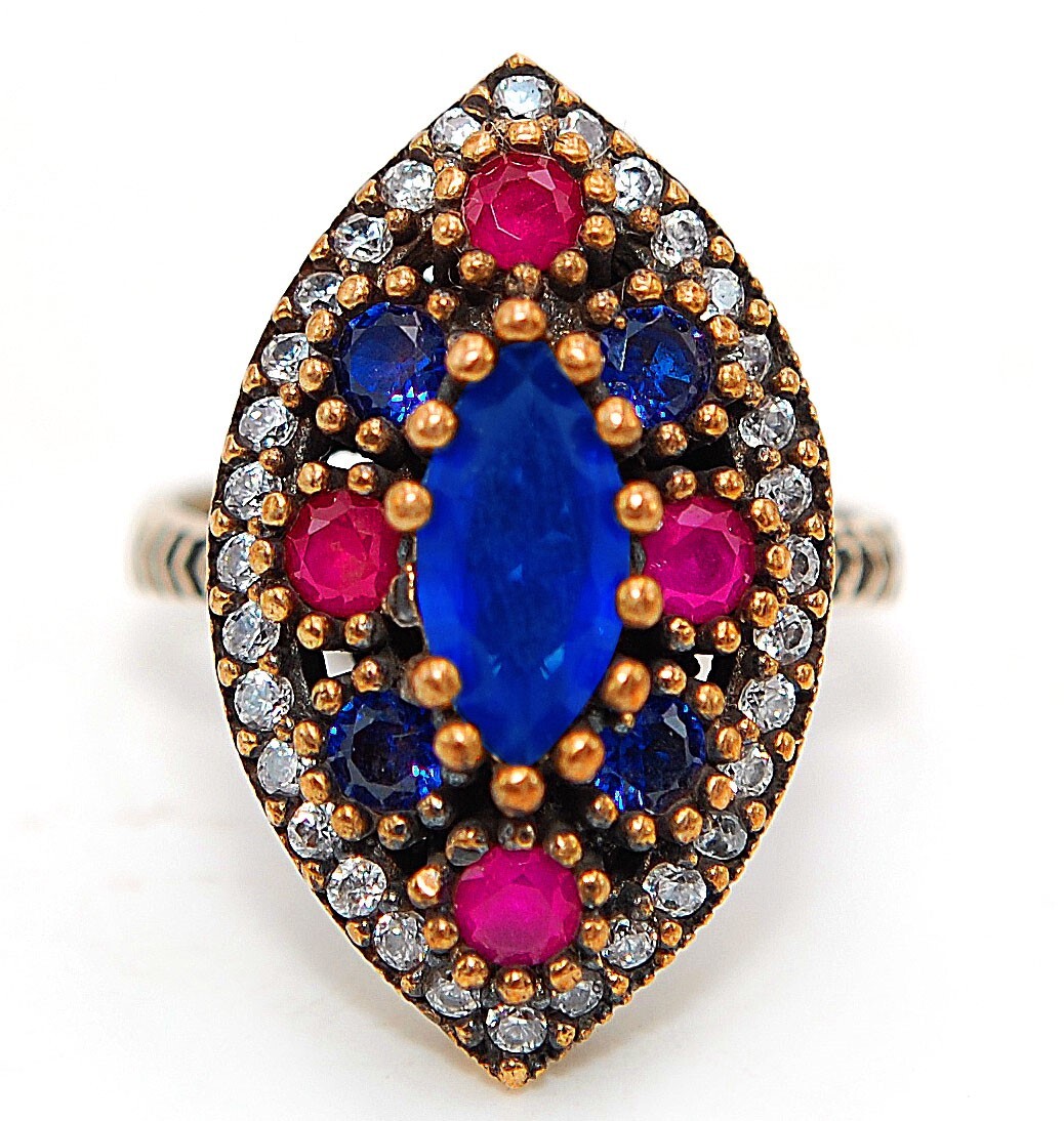 Exquisite Ottoman Style 5CT Treated Sapphire 925 Sterling Silver Ring Size 7 HB3-3