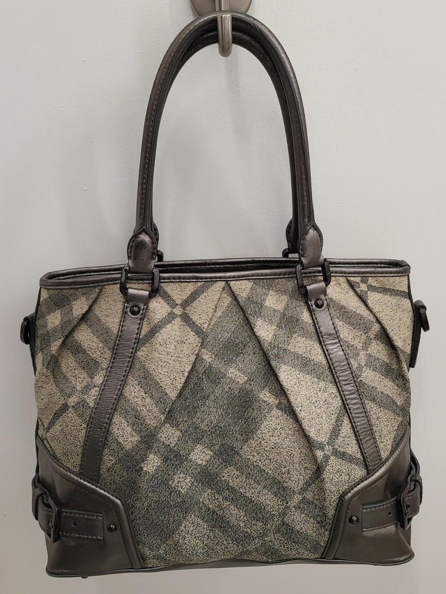 Authentic BURBERRY Check Canvas Leather Shoulder Hand Bag Gray