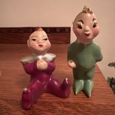 Vintage Plaster Pixie Elves Green Maroon  Decor MCM