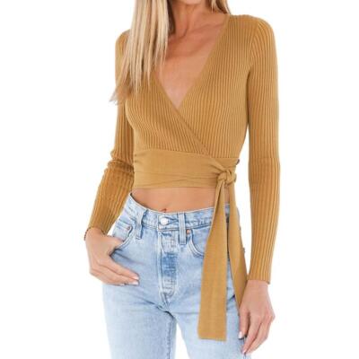 MINKPINK Phrada Ribbed Knit Wrap Crop Cardi Top Gold Medium