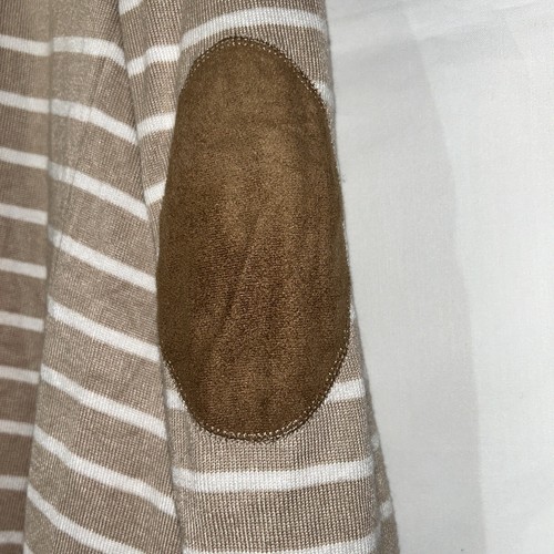 Staccato Womens Cardigan Sweater Small Waterfall Beige/White Stripe Elbow Patch - Picture 6 of 6