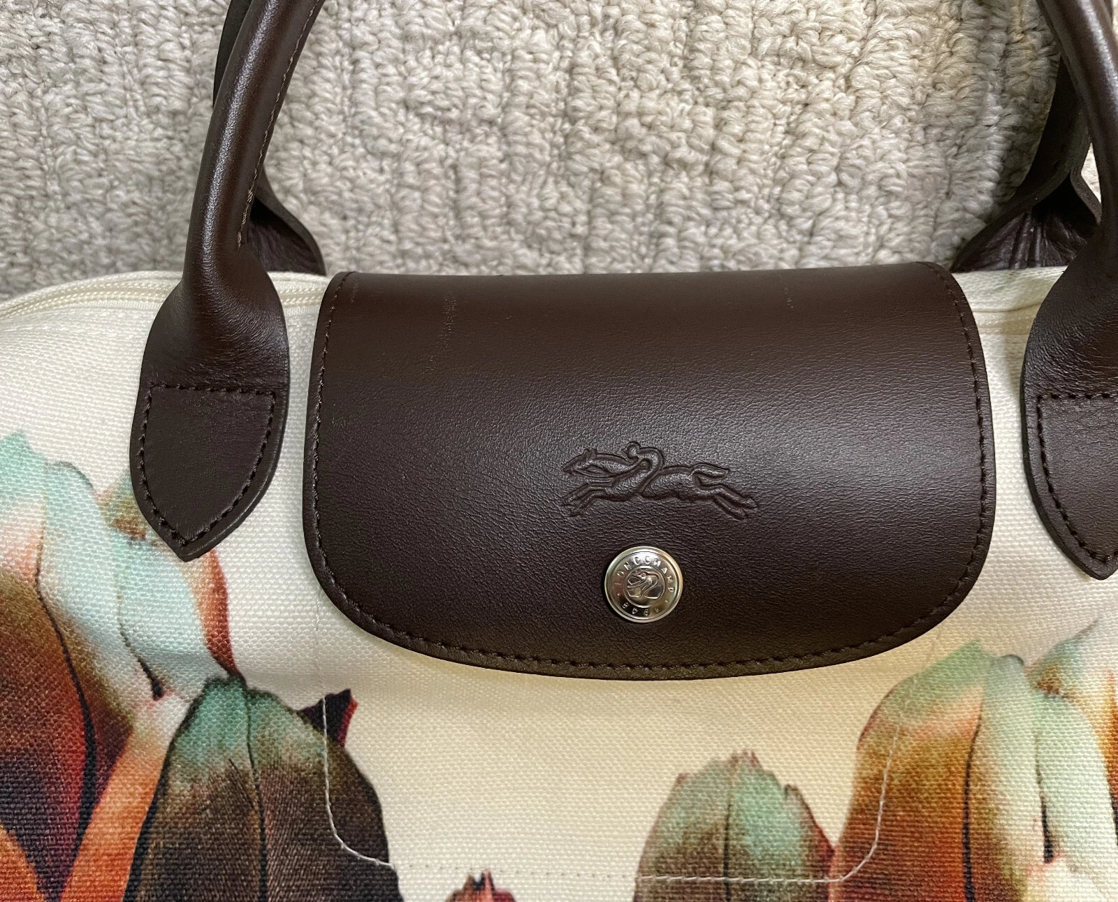 Borsa a mano Longchamp Le Pliage grande stampa piuma tela tote bag Ltd Ed rosso blu