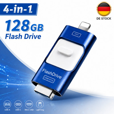 USB Stick 128GB 4-in-1 Flash-Laufwerk USB-C OTG für iPhone Android PC Blau zu DE