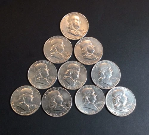 Lot of 10 - AU/EF+  Franklin Half Dollars 90% Silver, All 10 are 1949,  (WH15)
