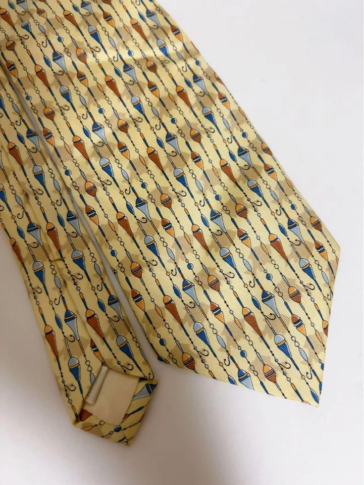 Corbata Chloe 100% Seda Pesca Flotador Patrón Amarillo Hombres 9,5 cm Hecha en Francia Foto 4 de 4