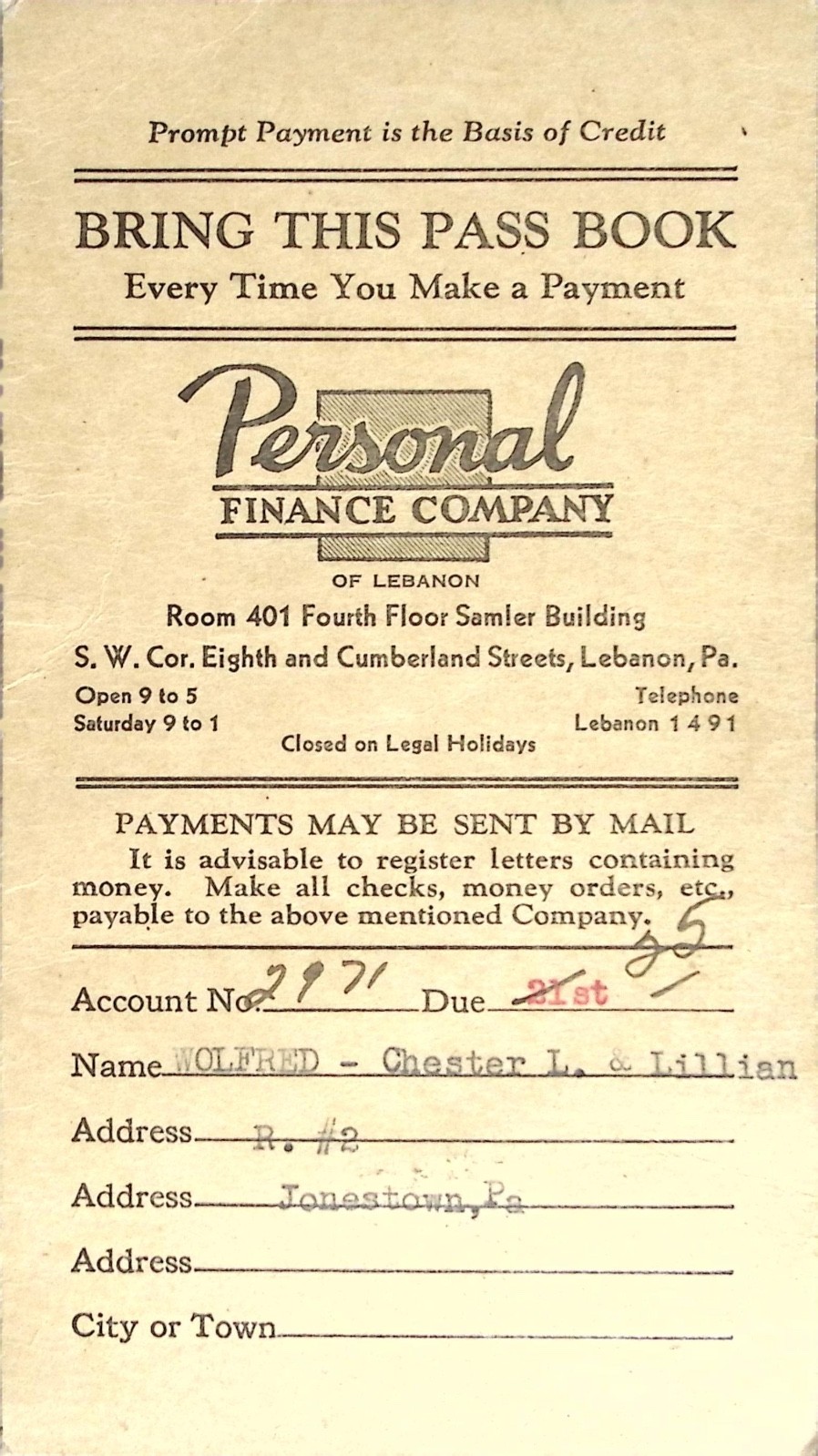 1940 Personal Finance Co. Loan Pass Book Lebanon Pa Vintage Ephemera