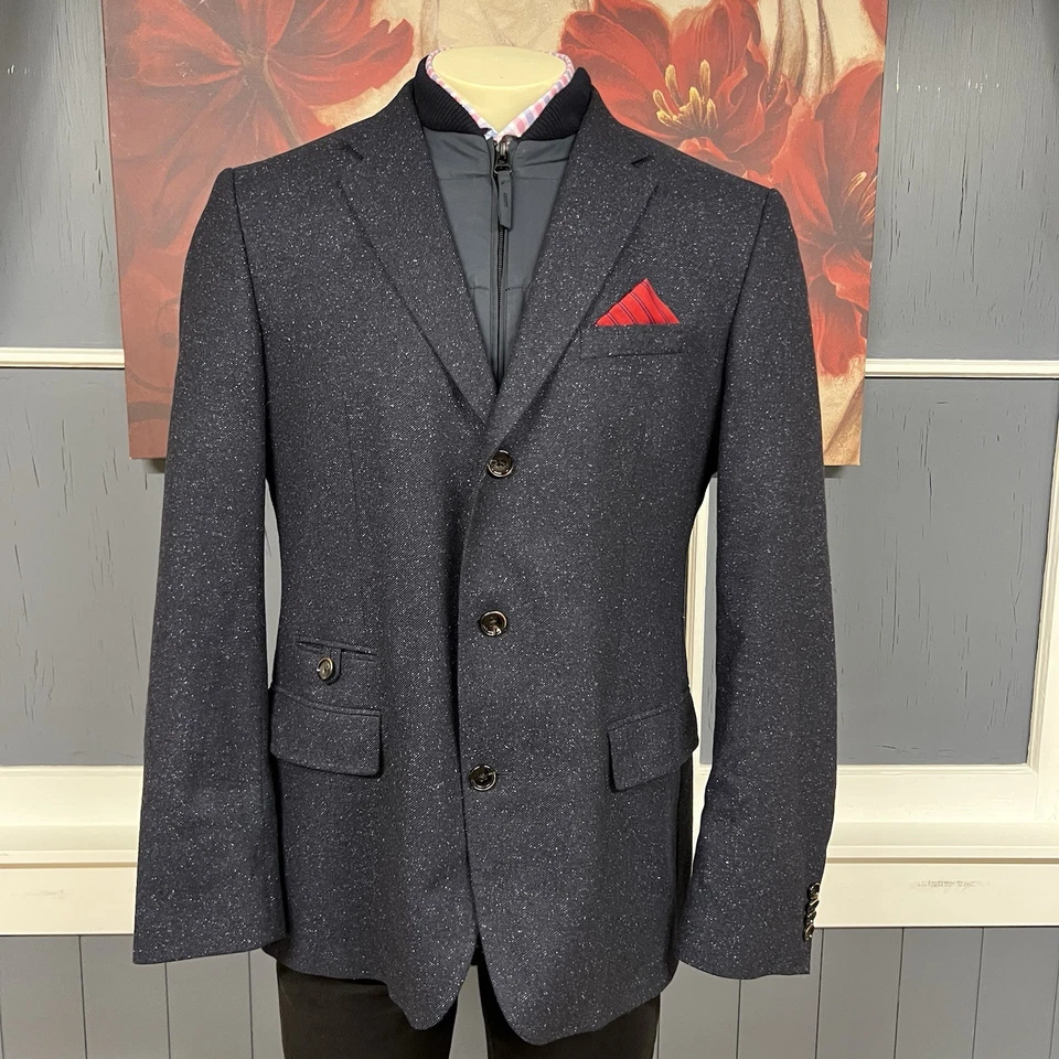 Hugo Boss Bib Insert Blazer 男式 42R 修身羊毛尼龙丝绸法兰绒斑点海军蓝 — 第 2/4 张图片