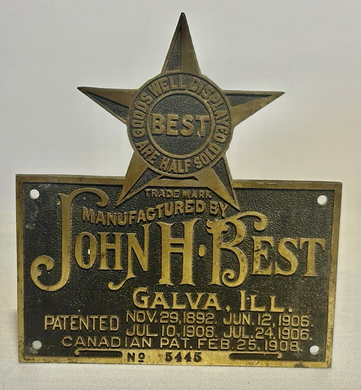 Rare 1930s JOHN H BEST Bronze Sign Display Dealership Cases Units Galva, ILL.