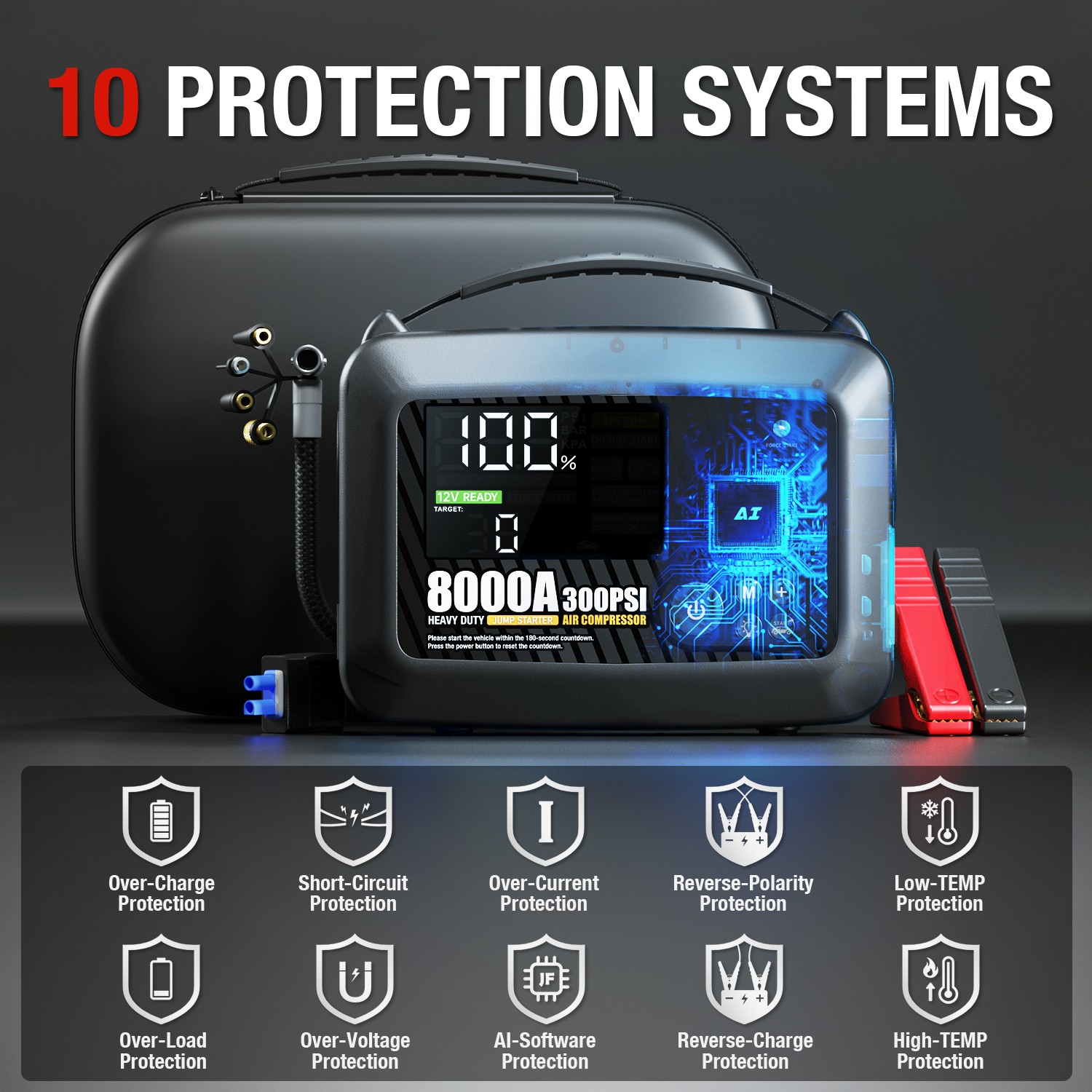 8000A Car Jump Starter With Air Compressor Emergency Truck Heavy Duty Supersafe