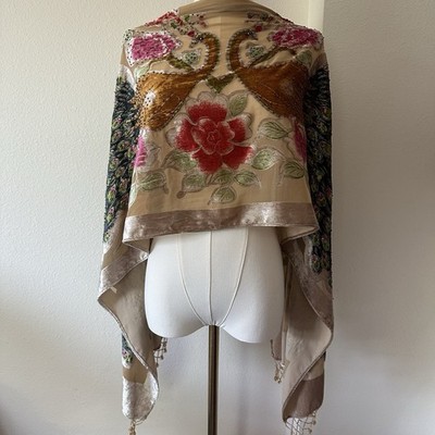 Vintage Velvet Applique Peacock Floral Wrap Shawl Beaded Fringe Boho Sheer 
