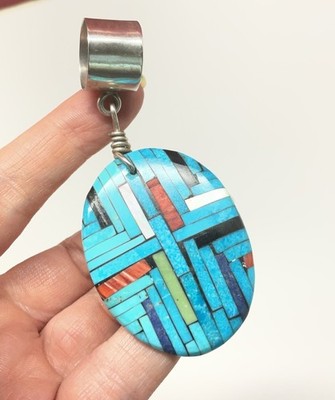 925 Sterling Silver Lg Mosaic Turquoise M Of P Spiny Oyster Jet Lapis Pendant
