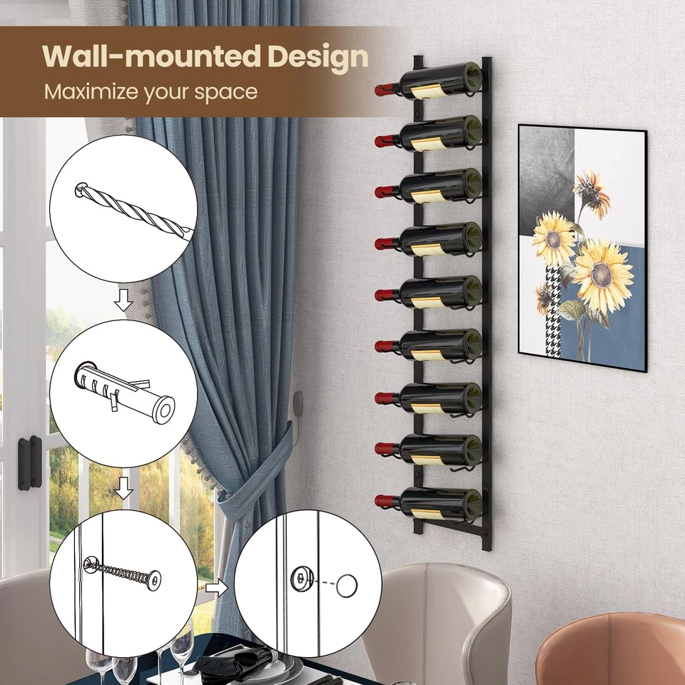 Rack de vinho de parede para 9 garrafas, organizador de racks de vinho de parede de metal, pendurar... - Imagem 3 de 4