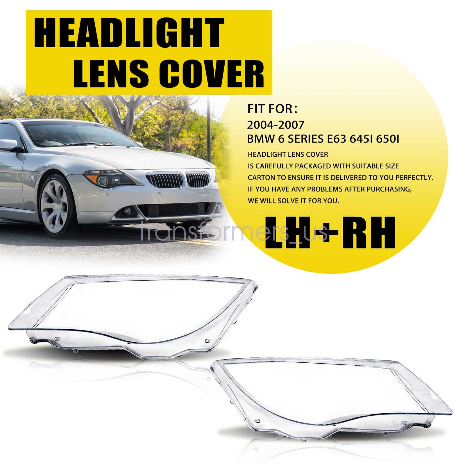 2004-2007 Clear Front Headlight Lens Cover Pair W/Glue for BMW 6 Series E63