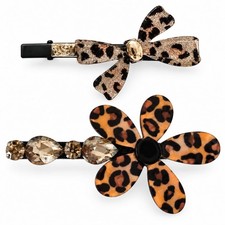 Leopard Acetate Alligator Hair Clips, Bow and Flower, 2 Pack