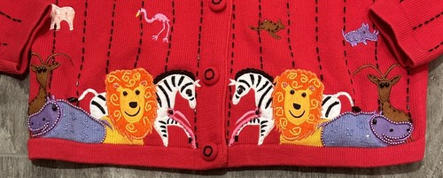 VTG BEREK Takako Sakon Medium Zoo Animal Cardigan Red Sweater Lion Zebra - Bild 2 von 13