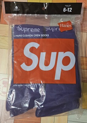 Supreme X Hanes Crew Socks - Purple, Pack of 4 Pairs, Size 6-12
