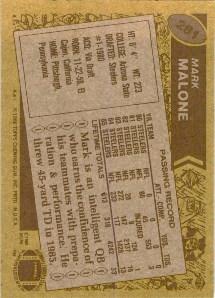 1986 TOPPS. MARK MALONE; PITTSBURGH STEELERS #281 - Image 2 of 2