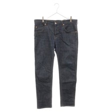 GUCCI Leather Logo Patch Button Fly Straight Denim Pants Indigo Blue 408637 Used