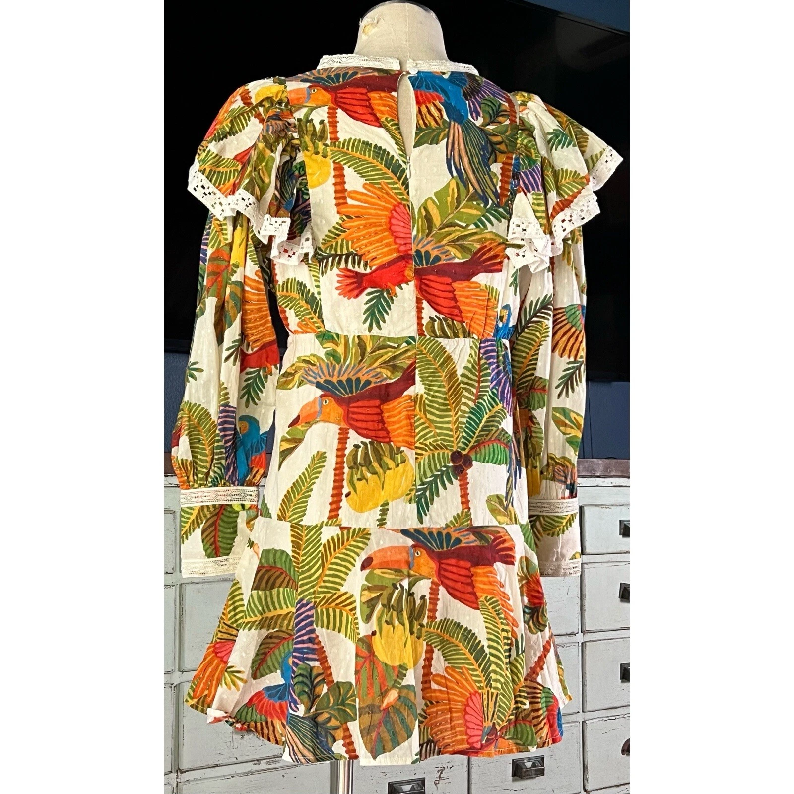 OFF WHITE Mini abito nuovo con etichette Farm Rio Off White Forest Birds stravagante maniche lunghe pizzo XS