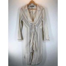 ZARA Medium Cream Striped Long Line Shirt Dress Side Slits Tie Front