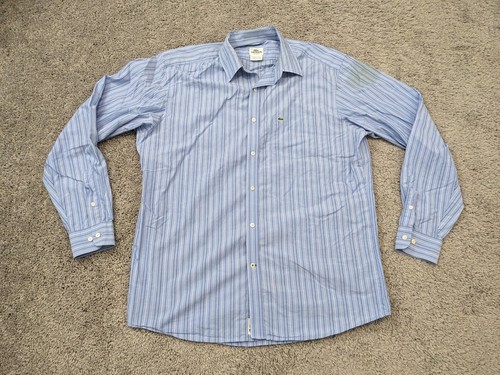 Lacoste Hemd mit Knopfleiste Herren Größe 42 XL Blau Langarm Gestreift