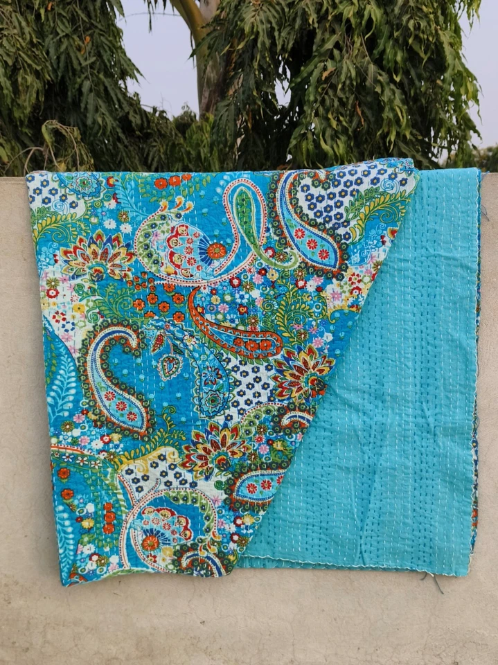 Colcha Queen Doble Algodón Cobertor Bohemio Tiro Indio Hecho a Mano Kantha Edredón Foto 2 de 4