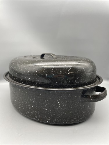 "Sartén de tostado grande vintage negra moteada esmalte de granito 16,25"" x 12,25""" - Imagen 3 de 16