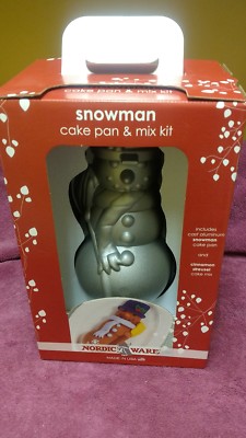 NORDIC WARE Snowman Holiday Cake Baking Pan Nonstick  Cast Aluminum & Mix KIT