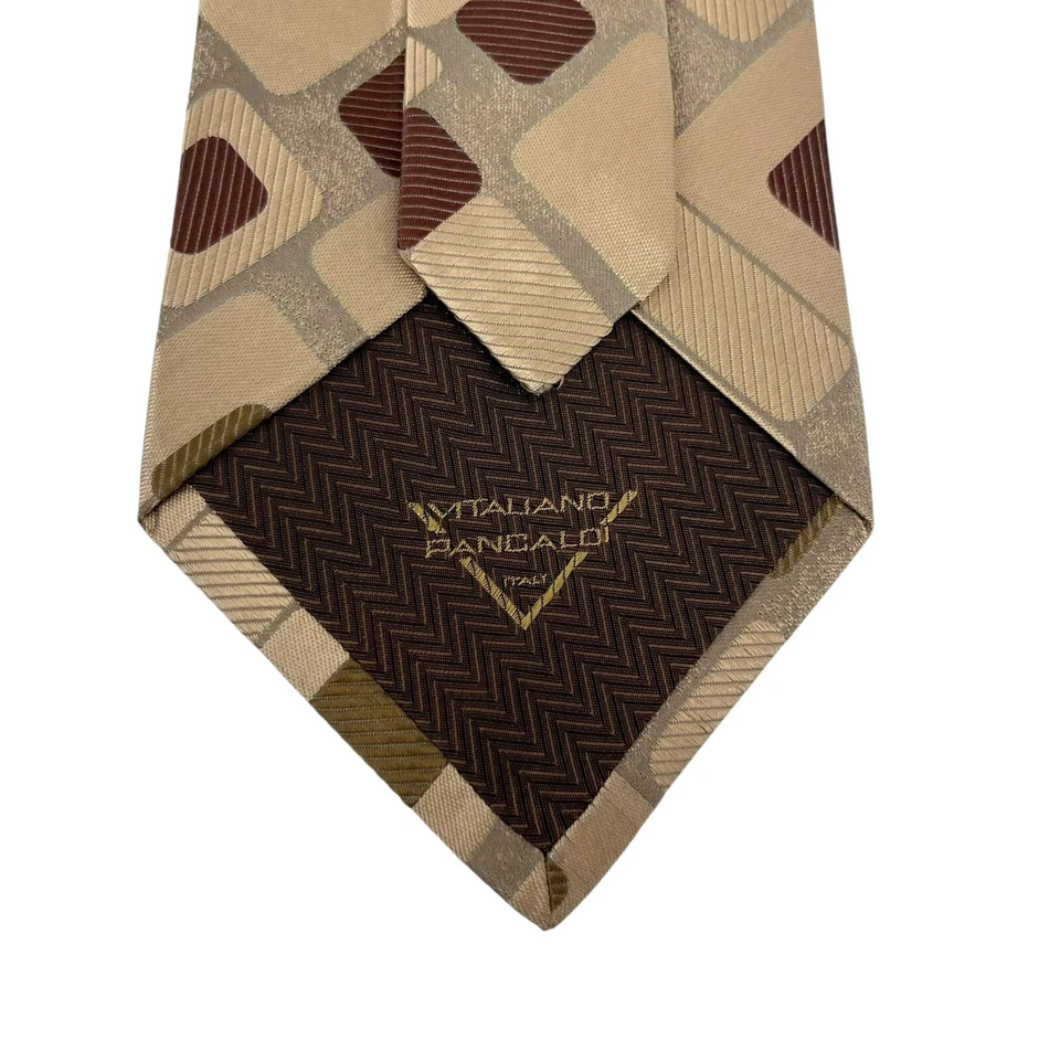 Gravata Vitaliano Pancaldi masculina geométrica bege/dourado/marrom seda 3 5/8" x 58" guc - Imagem 3 de 4