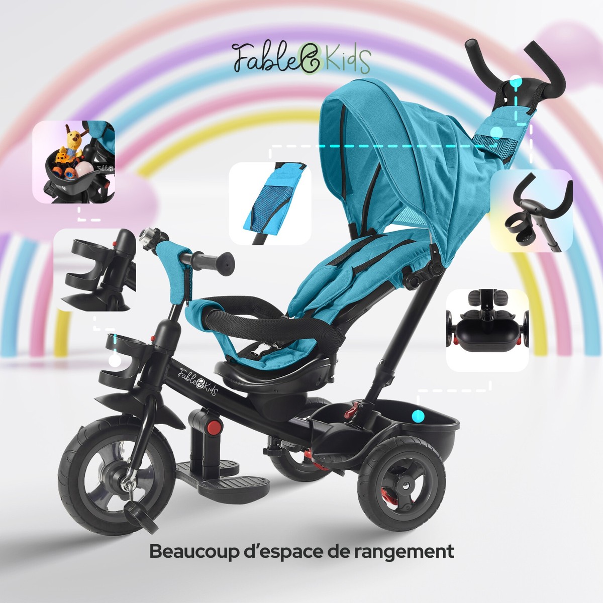 Tricycle évolutif FableKids Noemi 5 En 1 - Turquoise - De 18 Mois à 25kg Avec Barre Parentale