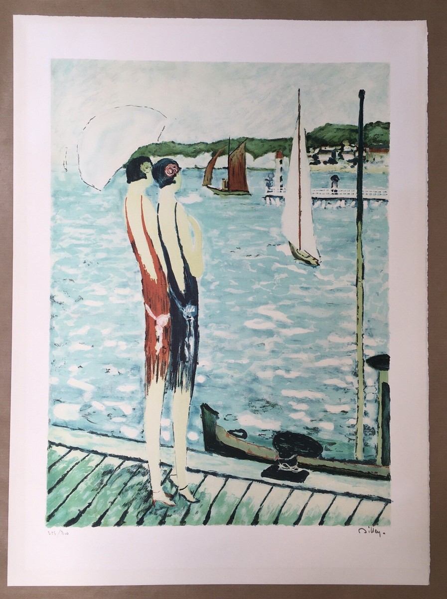 Original Lithograph Ramon Dilley Landscape Women Pier Sea