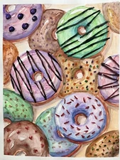 Watercolor Colorful DONUTS Cartoon ORIGINAL PAINTING 11 x14 Food Art