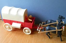 Vintage original 1960s Timmee Processed Plastic 60mm toy covered wagon + driver