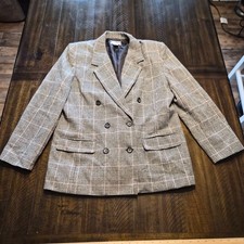 Pendleton Vintage Virgin Wool Blazer Black Tan Brown Plaid Womens 14 Made In USA