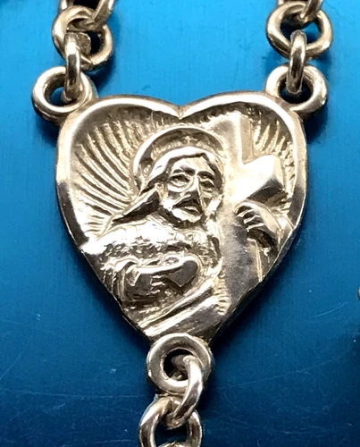 VINTAGE ALL STERLING SILVER ROSARY by LS - 24gm 19" L - UNIQUE RIBBED CONE BEADS - Picture 12 of 21