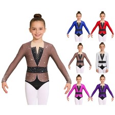Kids Girls Leotard Shiny Bodysuit Keyhole Back Jumpsuit Rhinestones Clubwear