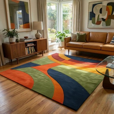 Modern Curved Abstract Wool Area Rug | Designer Multicolor Abstract Wool Rug