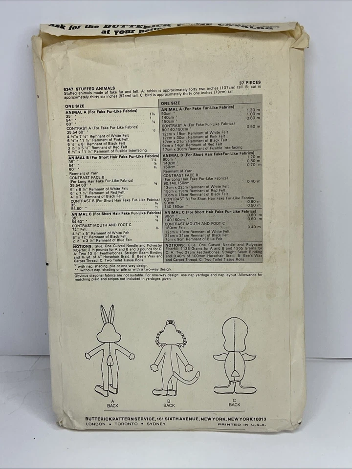 Butterick 1978 Looney Tunes Stuffed Animals Patterns Sylvester Tweety Bugs Bunny - Image 2 of 3