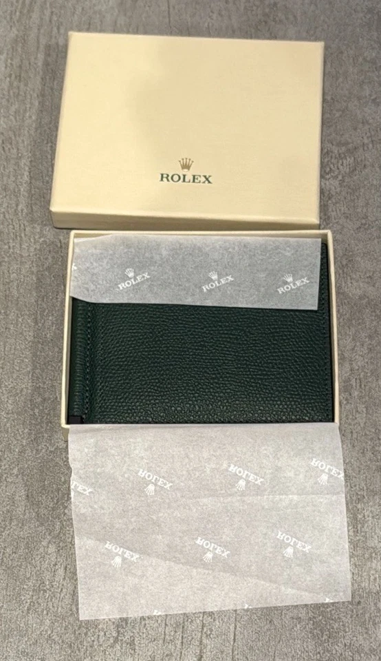Rolex Verde Delgado Doble Plegable Cartera de Cuero con Clip para Dinero - Totalmente Nuevo En Caja Foto 4 de 4