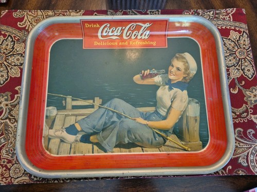 Original 1940 Coca Cola Serving Tray Fishing Sailor Girl Vintage Coke Metal Tray