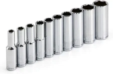 Powerbuilt 10 Piece 1/4 Inch Drive SAE 6 Point Deep Socket Set, SAE, Gray 